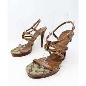Gucci Bamboo GG Canvas Platform Sandals Heels Womens Size EU 38.5